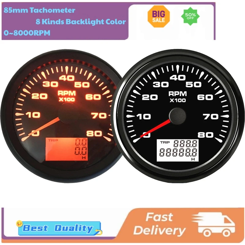 

0-8000RPM Tachometers Gauges 85mm Revolution Meters 9-32v Rev Counters with Hourmeters 8 Kinds Backlight for Auto Truck Bus Boat