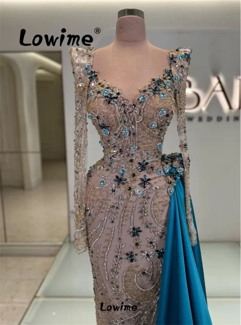 Elegant Aso Ebi Crystals Mermaid Prom Dress Long Sleeve Sequined Lace Evening Formal Party Second Reception Gowns Custom Made