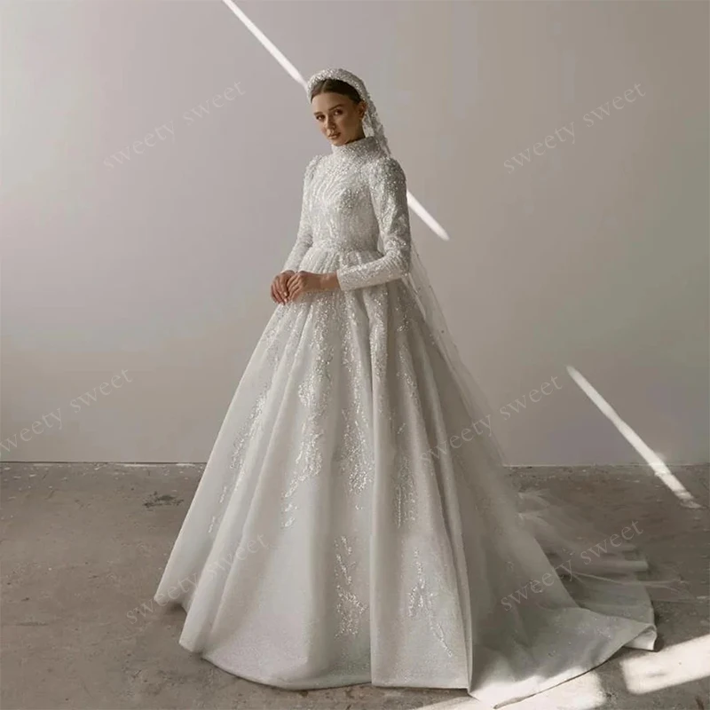 Luxuriöses Hochzeitskleid mit Perlen und bestickter Spitze, Stehkragen, A-Linie, Ballkleid, volle Ärmel, Brautkleid, maßgeschneidert, Vestido De Novia