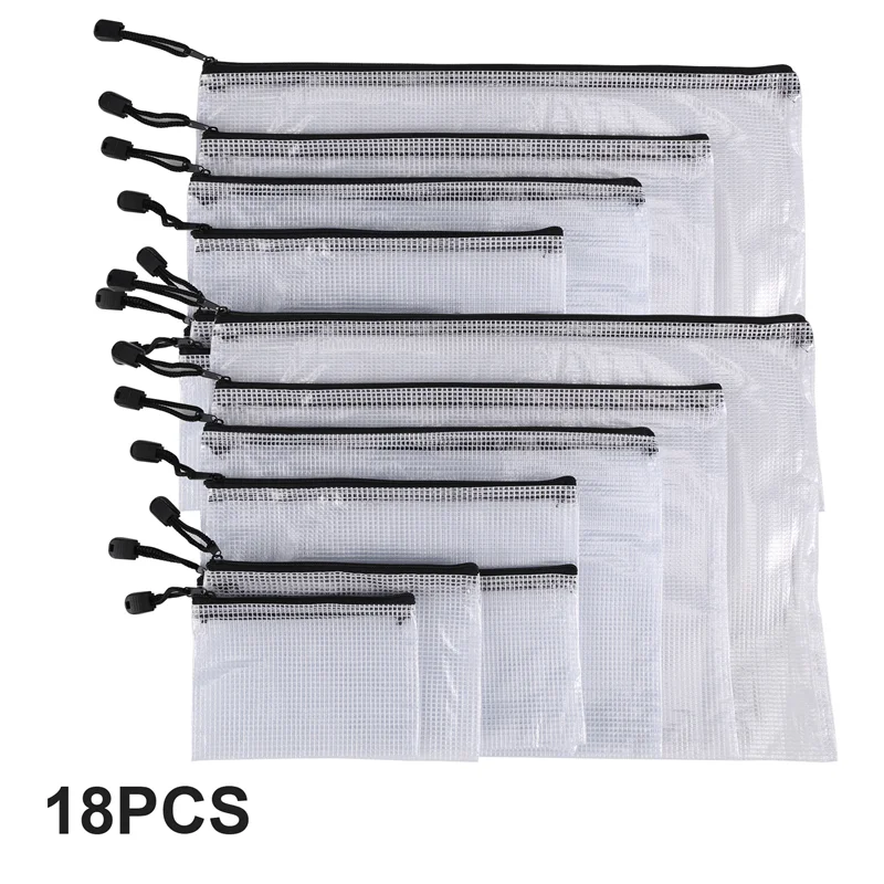 New!18Pcs Mesh Zipper Pouch Document Bag, 8 Assorted Size, Waterproof Plastic Zip File Folders, Multipurpose For Office,Home