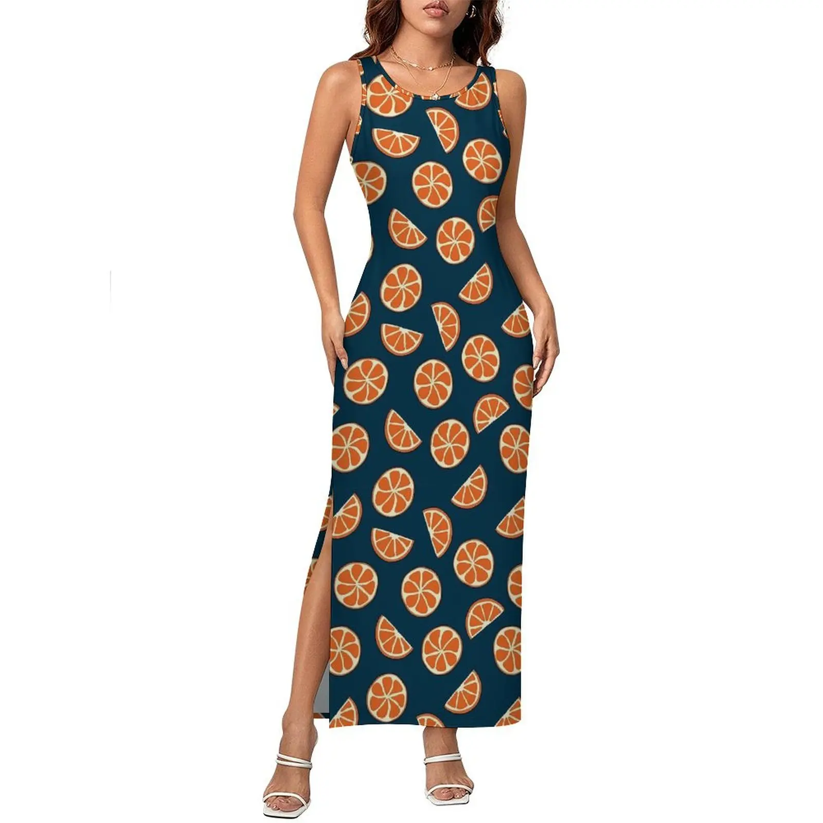 Vestido ajustado para mujer, vestidos largos elegantes con rodajas de naranjas, vestido sin mangas con patrón estético de frutas amarillas de verano, talla grande 4XL