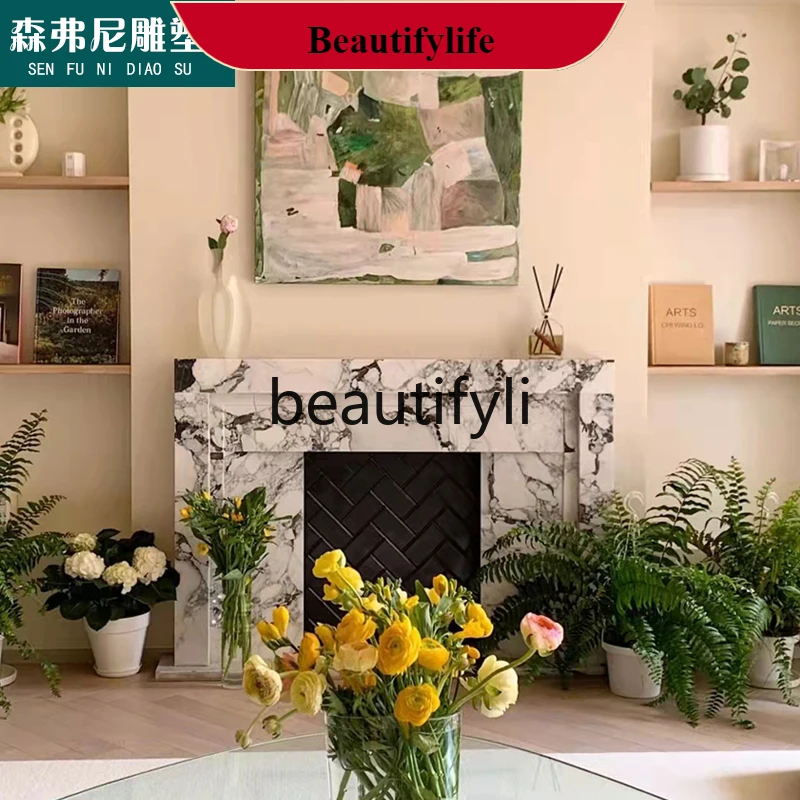 J132 Marble stone fireplace French large white interior decoration cabinet stone carving fireplace customization