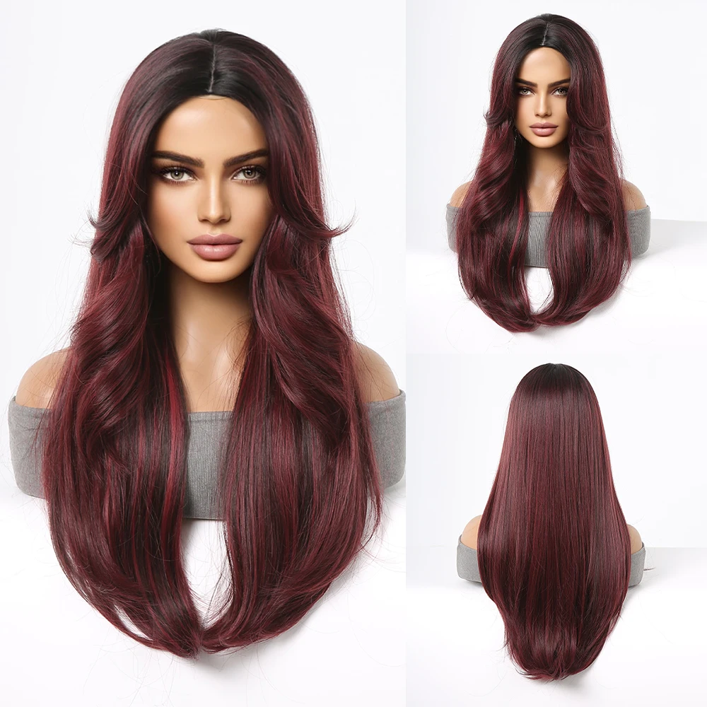 Long Wine Red Highlight Layered Straight Wig for Women Natural Soft Synthetic Hair Daily Party Use Wigs High Temperature Fiber