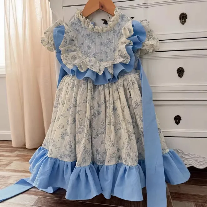 

Новинка 2026 года, весенне-летнее хлопковое кружевное платье в дворцовом стиле для девочек в скандинавском стиле, платье принцессы Лолиты с цветочным принтом