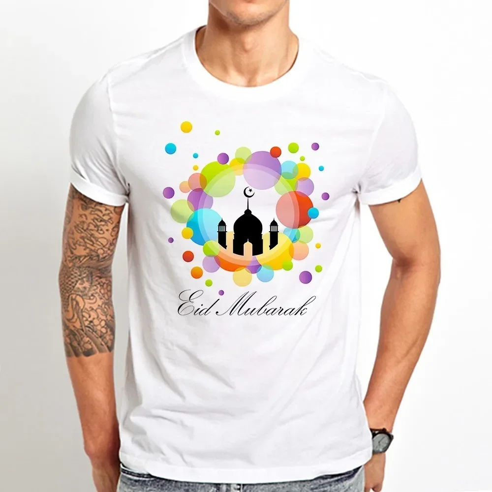 Mosque Dome and Minaret Silhouette with Eid Greetings Cool Ramadan T-shirt White Casual Short Sleeve Unisex TShirt Breathable