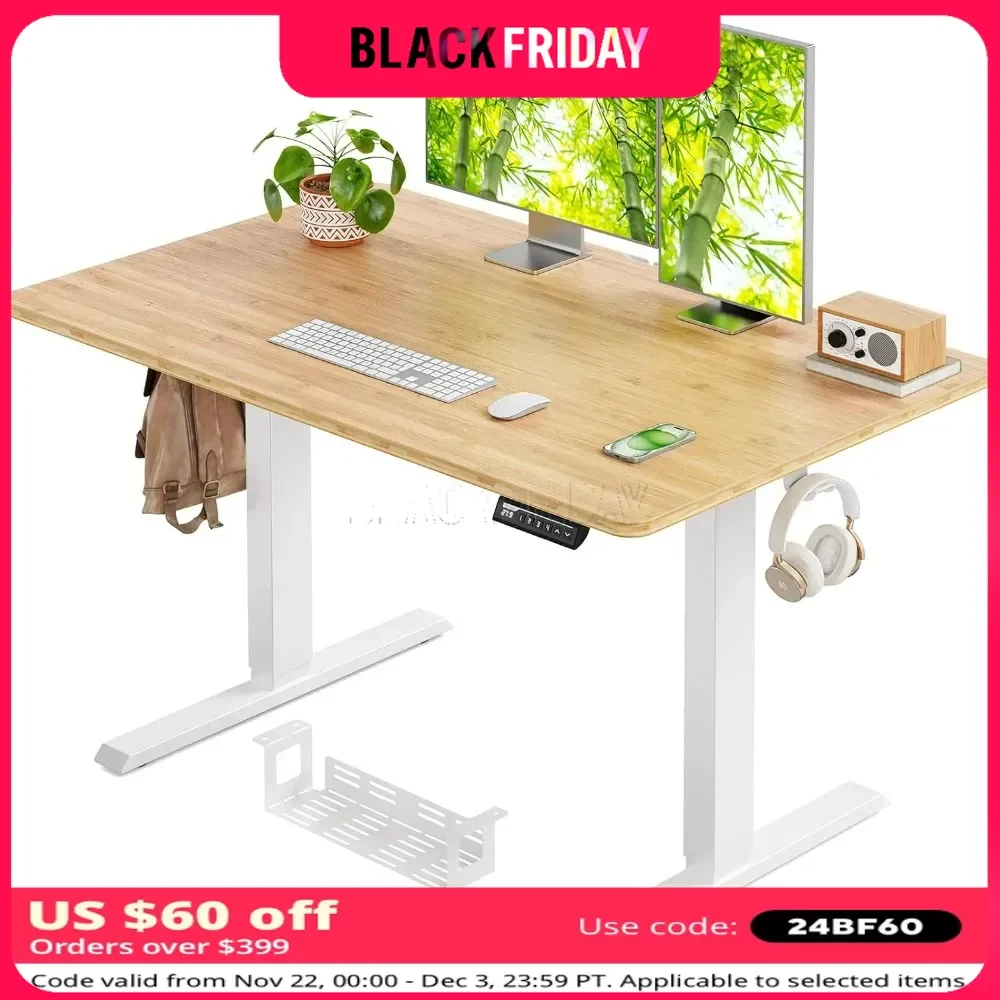 Standing Desk with 48x30 inch Bamboo Desktop, Adjustable Stand Up Desk for Home Office, Electric Computer Desk Workstation