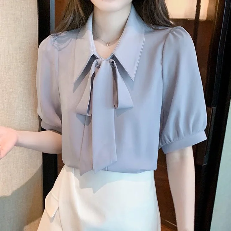 

Elegant White Bow Patchwork Shirt Tops Summer New Polo Neck Short Sleeve Solid Color Loose Blouse Sweet Fashion Women Clothing