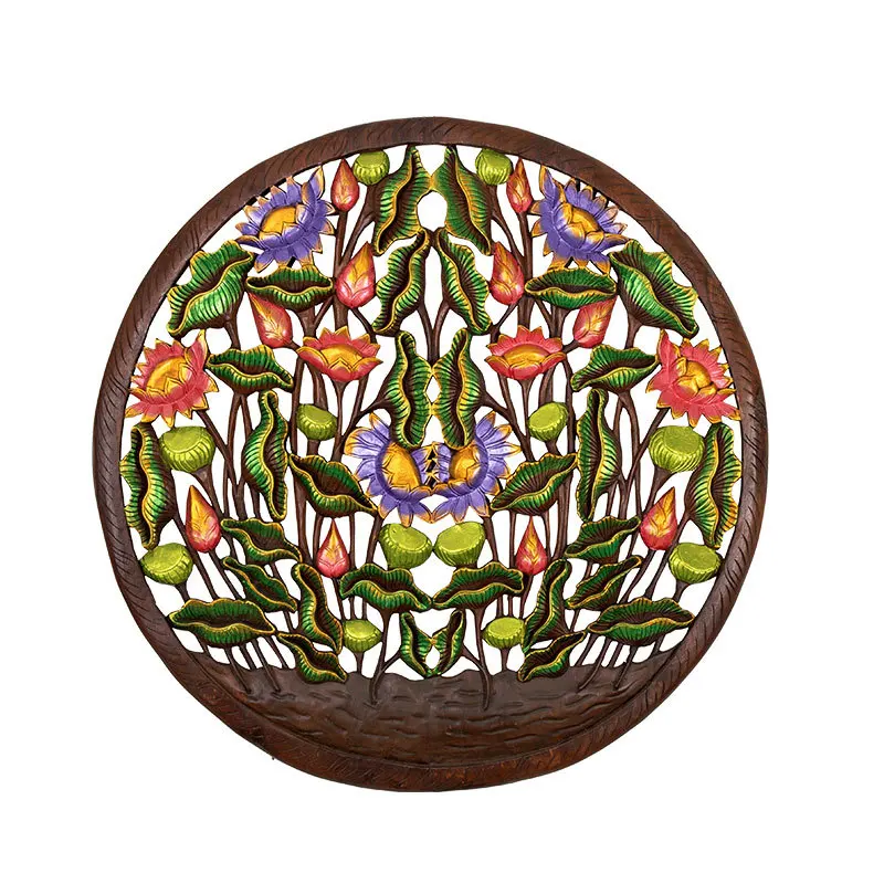 Round wood  decoration teak wood carving  decoration pendant carved board background wall decoration crafts
