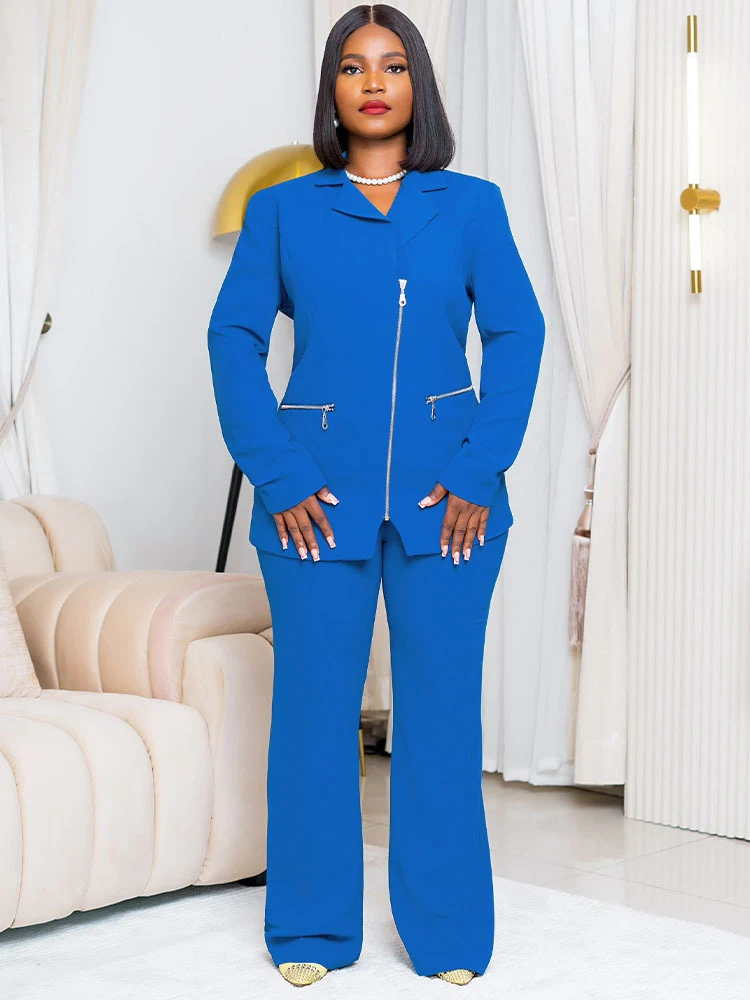 

2 Piece Set Womens Outfit Blazer and Pants Autumn Fashion Zipper Blazer Pants Set Elegant Blue Suit Wholesale Dropshipping