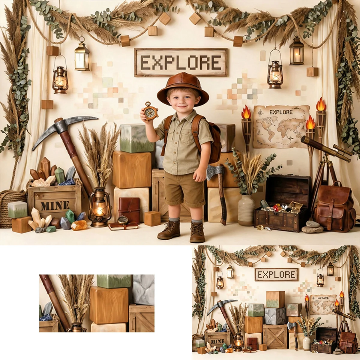 Rustic Vintage Explore Adventure Mining Cave Photo Backdrop For Little Baby Boy Kids Children Portrait Photography Props