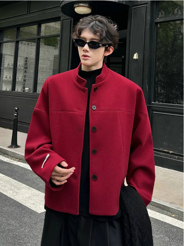 

Red New Chinese Sle Woolen Suit Jaet Men's Casual ort Coat Warm Polyester Fiber Straight Hemline No Brand Registered
