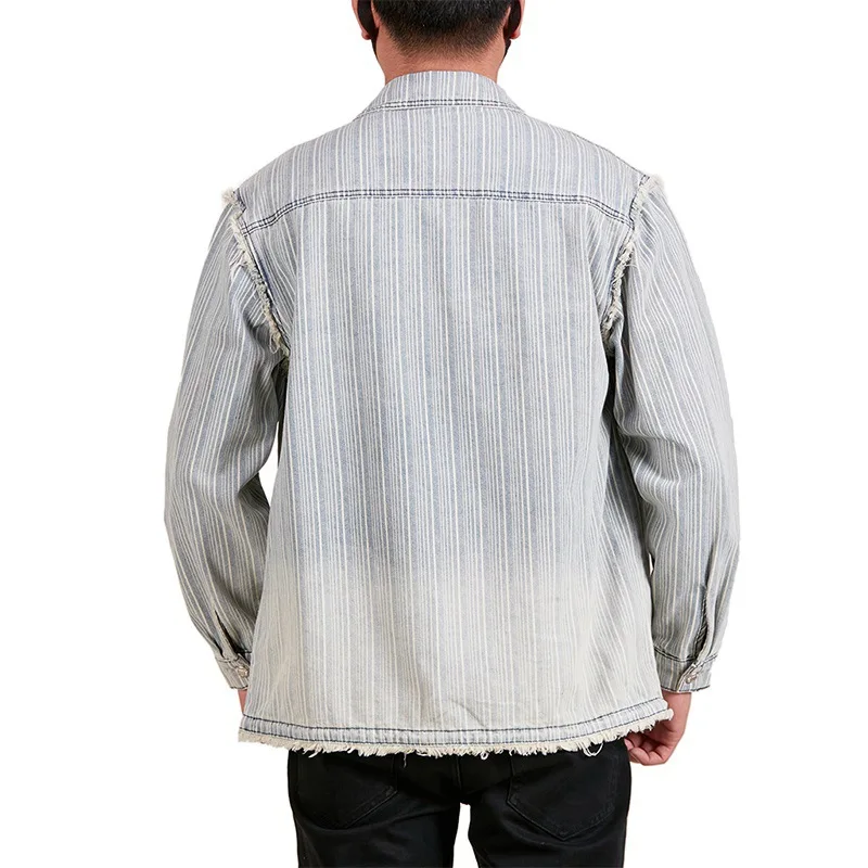 Men's Tassels Denim Striped Retro Casual Loose Long Sleeve Rivet Ribbed Shirt Jacket Cowboy Streetwear Plus Size Shirts Blouses