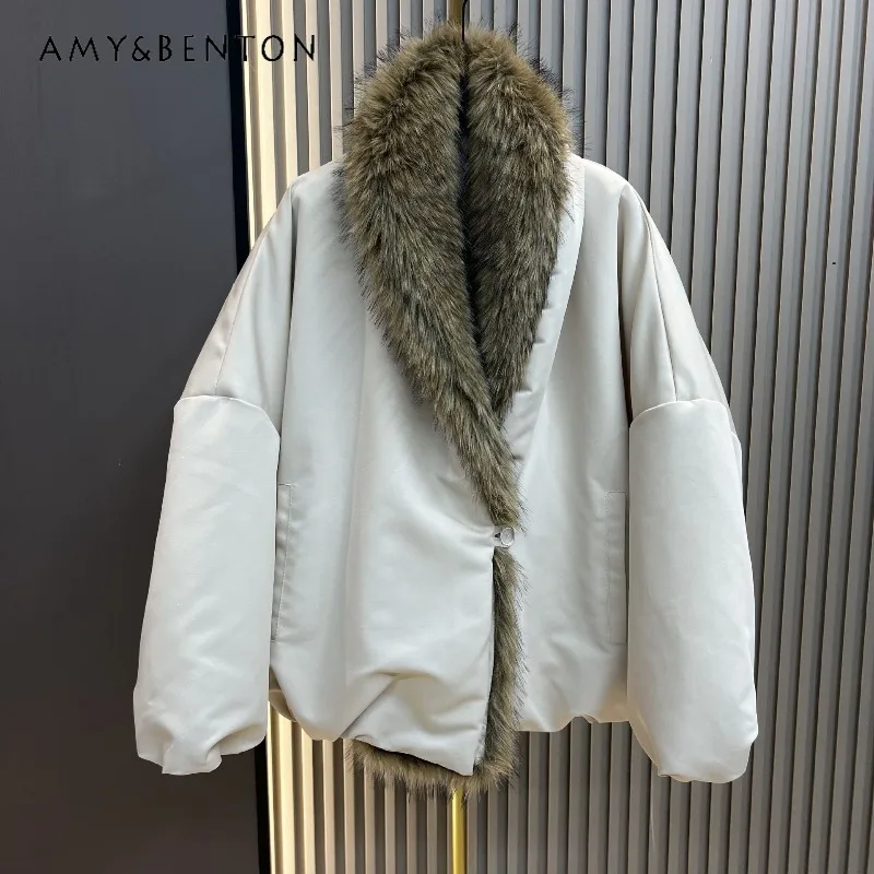 

Winter New Warm Cotton Jacket Overcoat Women's Fashionable Loose Retro Trendy Parka Detachable Imitation Faux Fur Collar Jacket