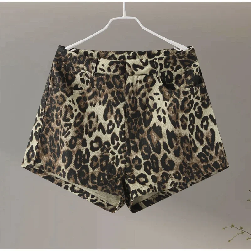 Pantalones cortos de mezclilla con estampado de leopardo para mujer, pantalón corto informal con botón, cremallera caída Vintage, ropa de calle Y2k para verano