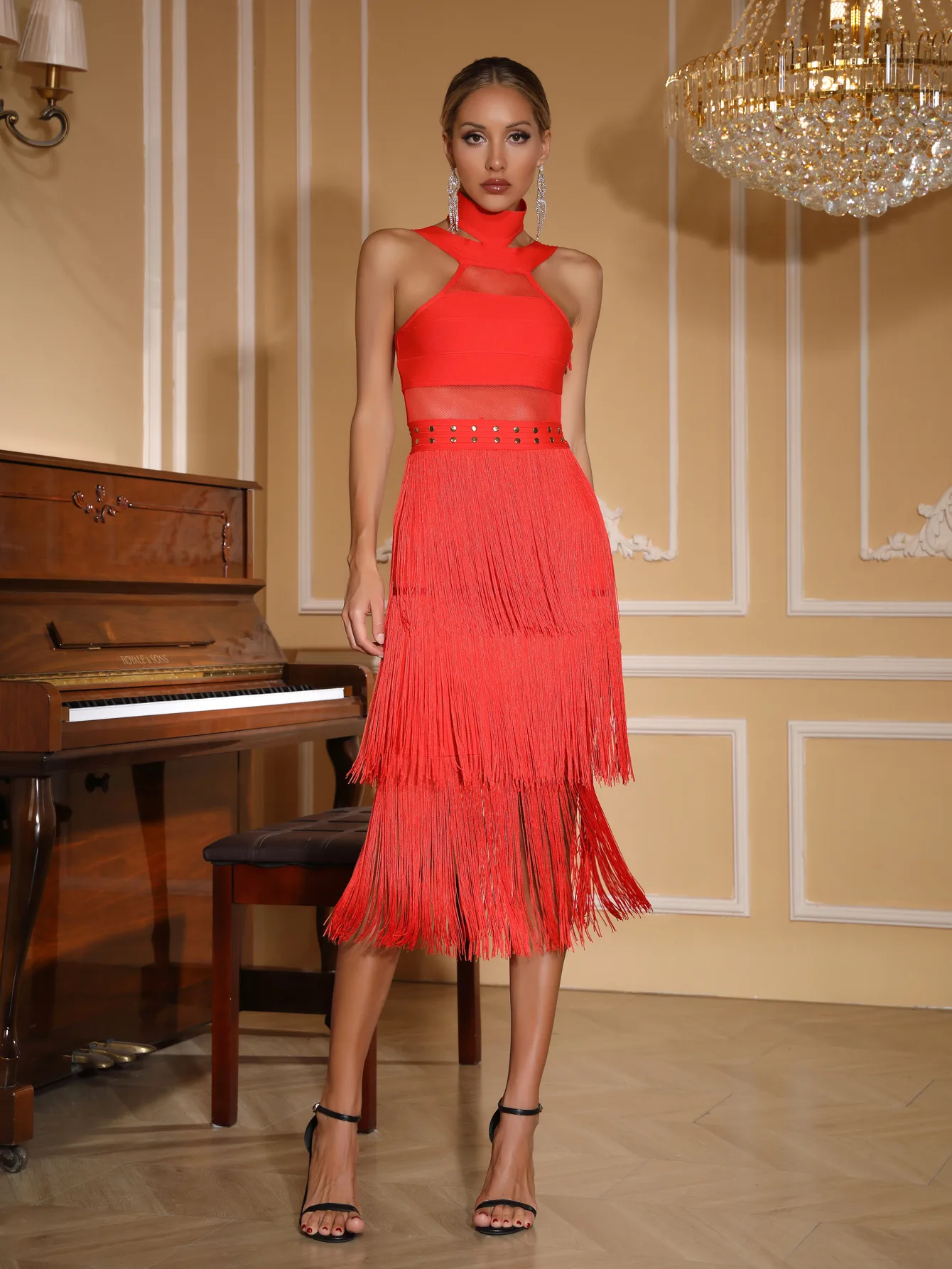 Vestido medio con recortes de malla y cuello Halter con borlas para mujer, vestido rojo elegante de lujo para fiesta de noche, cumpleaños, graduación, cóctel, vestidos de invitados de boda