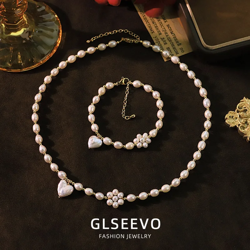 Handmade Design Natural Pearl Heart Necklace Bracelet Set A And Versatile Beaded Jewelry