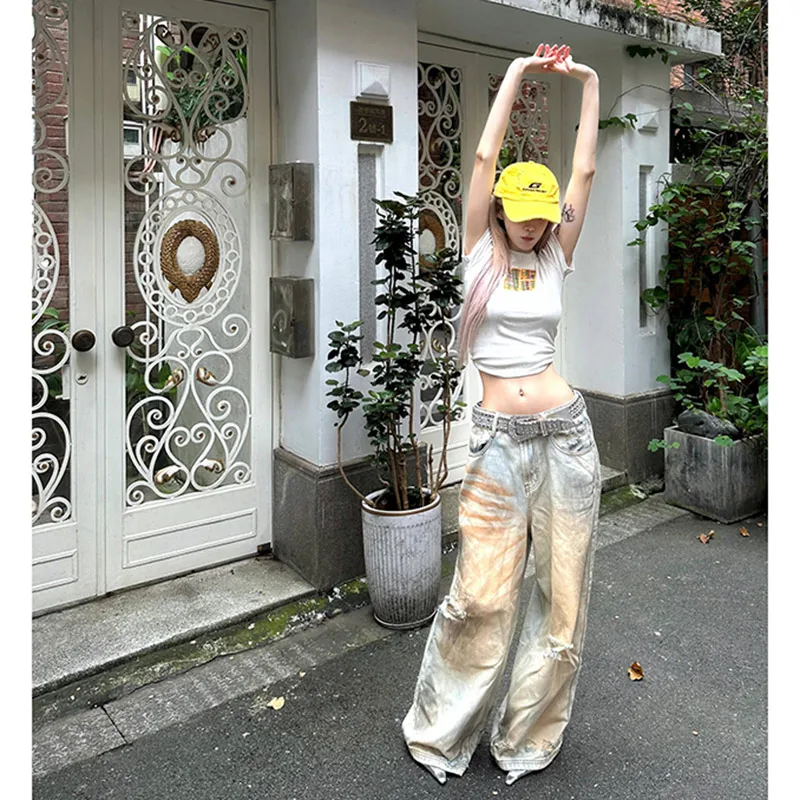 2024 Autumn Women's Harajuku Casual Style Jeans Vintage Gradient Loose Washed Pants Y2K Wide Leg Ripped Baggy Denim Trouser