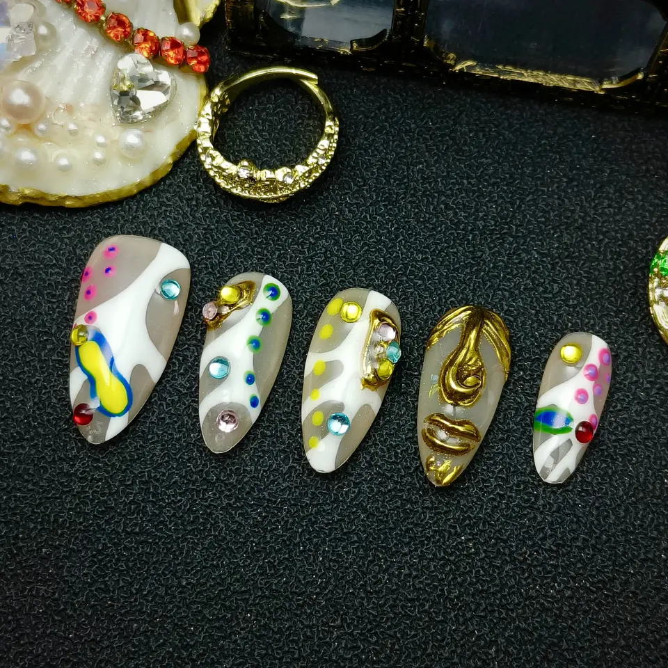 10 piezas uñas postizas de lujo vintage francesas - acrílicas almendra hechas a mano con arte abstracto dorado, caras 3D y lunares coloridos 2