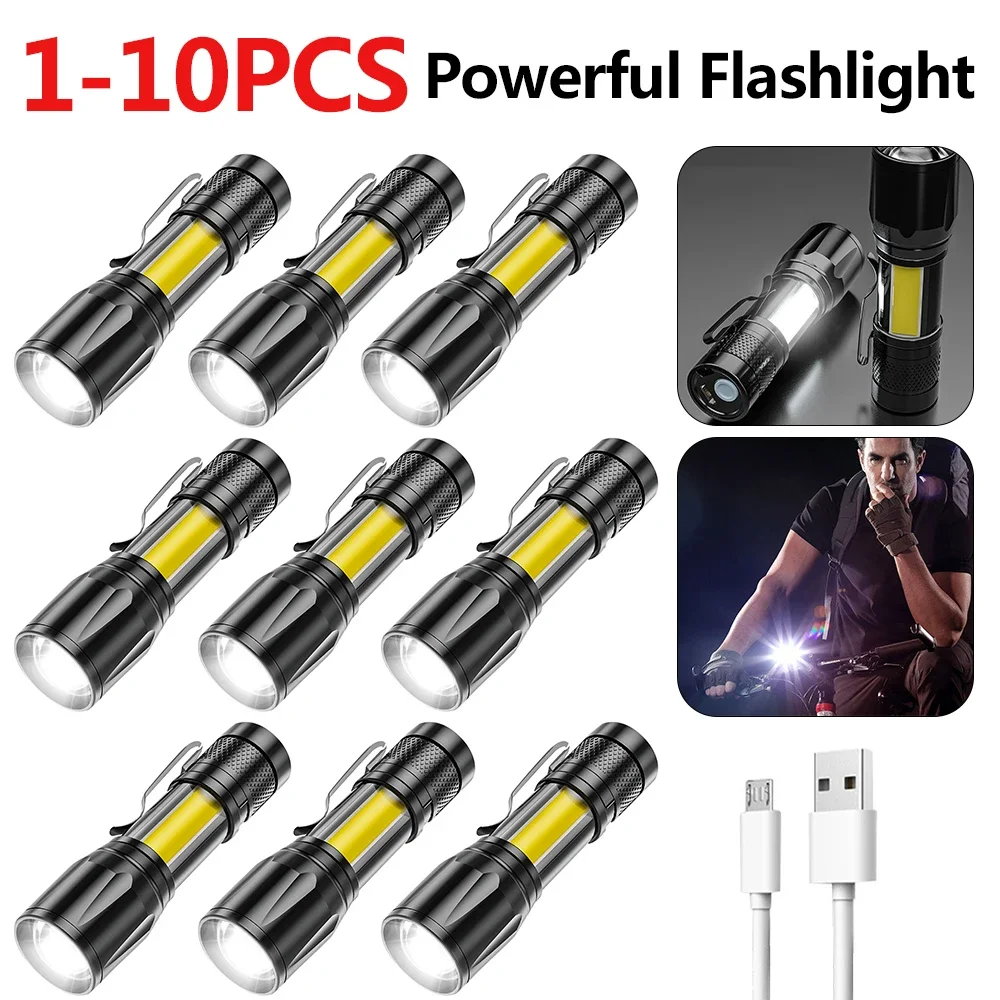 1-10PCS XPE+COB LED Flashlight With USB Charging Q5 Zoom Focus Mini Torch Portable Power Bank Torch Lamp Waterproof for Outdoor