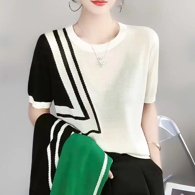 Fashion O-Neck Knitted Short Sleeve Asymmetrical T-Shirts Women Clothing 2024 Summer New Loose Korean Tops Office Lady Tee Shirt