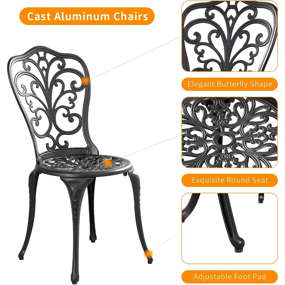 طقم فناء بيسترو مكون من 3 قطع للاستخدام الخارجي، طاولة بيسترو خارجية من الألومنيوم المصبوب ومجموعة كراسي مكونة من قطعتين مع فتحة مظلة مقاس 1.97 بوصة، صدر لجميع الأحوال الجوية