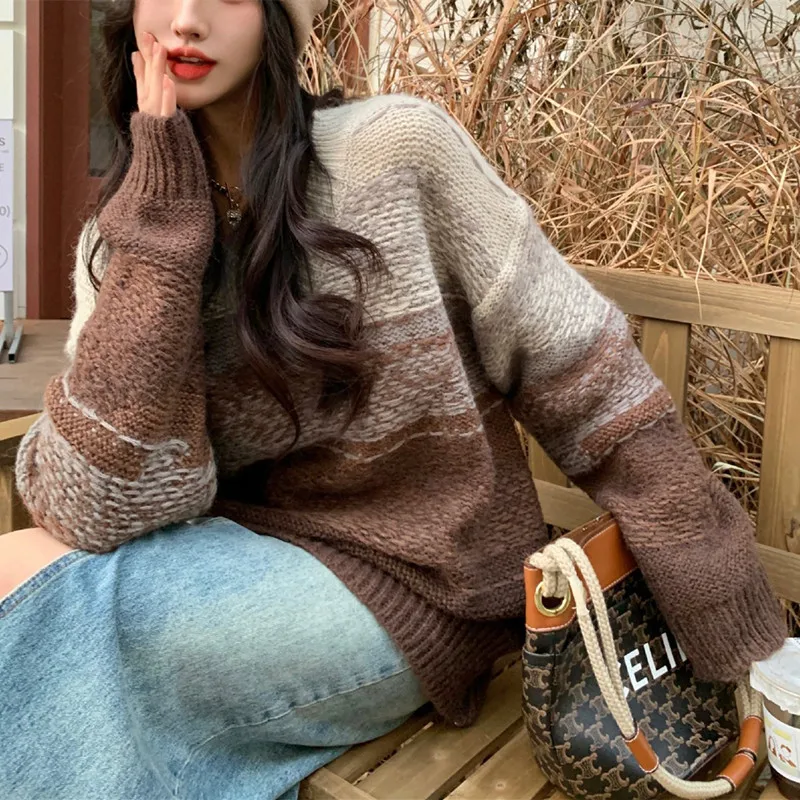 

Gentle V-Neck Women Sweater Autumn Winter Vintage Contrast Color Fashion Knitwear Loose All-Match Casual Simple Female Pullover