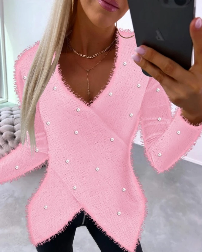 New Women's Sweater 2023 Autumn New Elegant Pearl Decoration Overlap Asymmetric Fuzzy V-Neck Long Sleeve Pullover