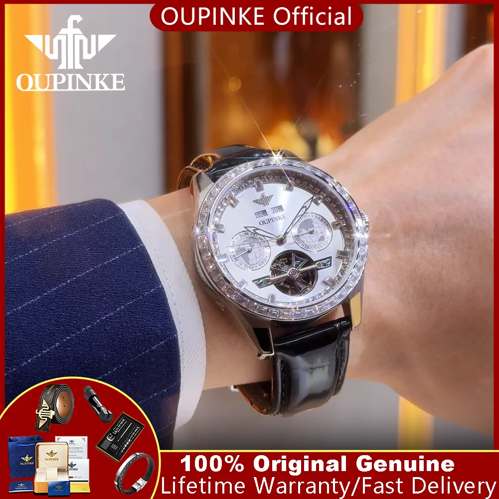 

Мужские часы OUPINKE 3280 класса люкс, модные, с бриллиантовым безелем, полые, автоматические, механические, с кожаным ремешком, повседневные