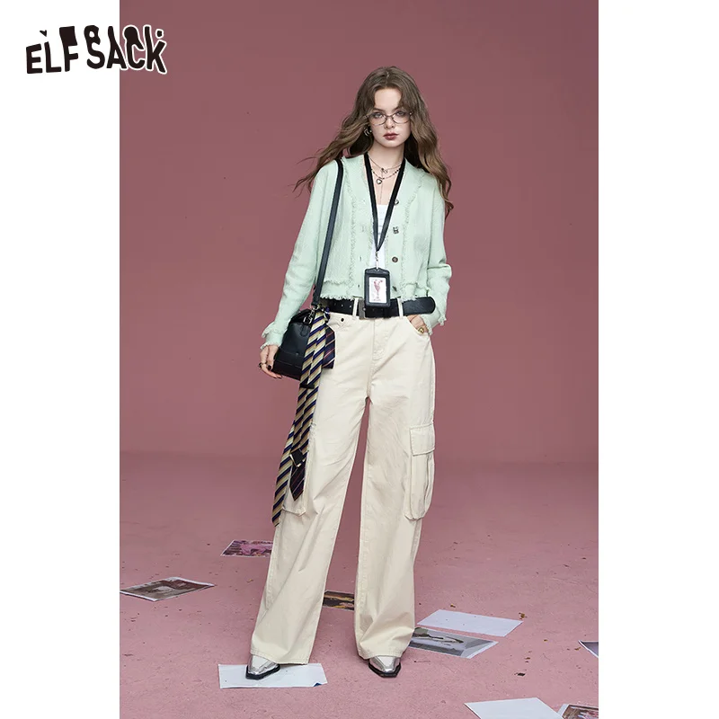 

2024 Autumn ELFSACK New Arrivals Commuter white pocket pure cotton loose slim straight wide leg casual overalls for women