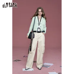 2024 Autumn ELFSACK New Arrivals Commuter white pocket pure cotton loose slim straight wide leg casual overalls for women