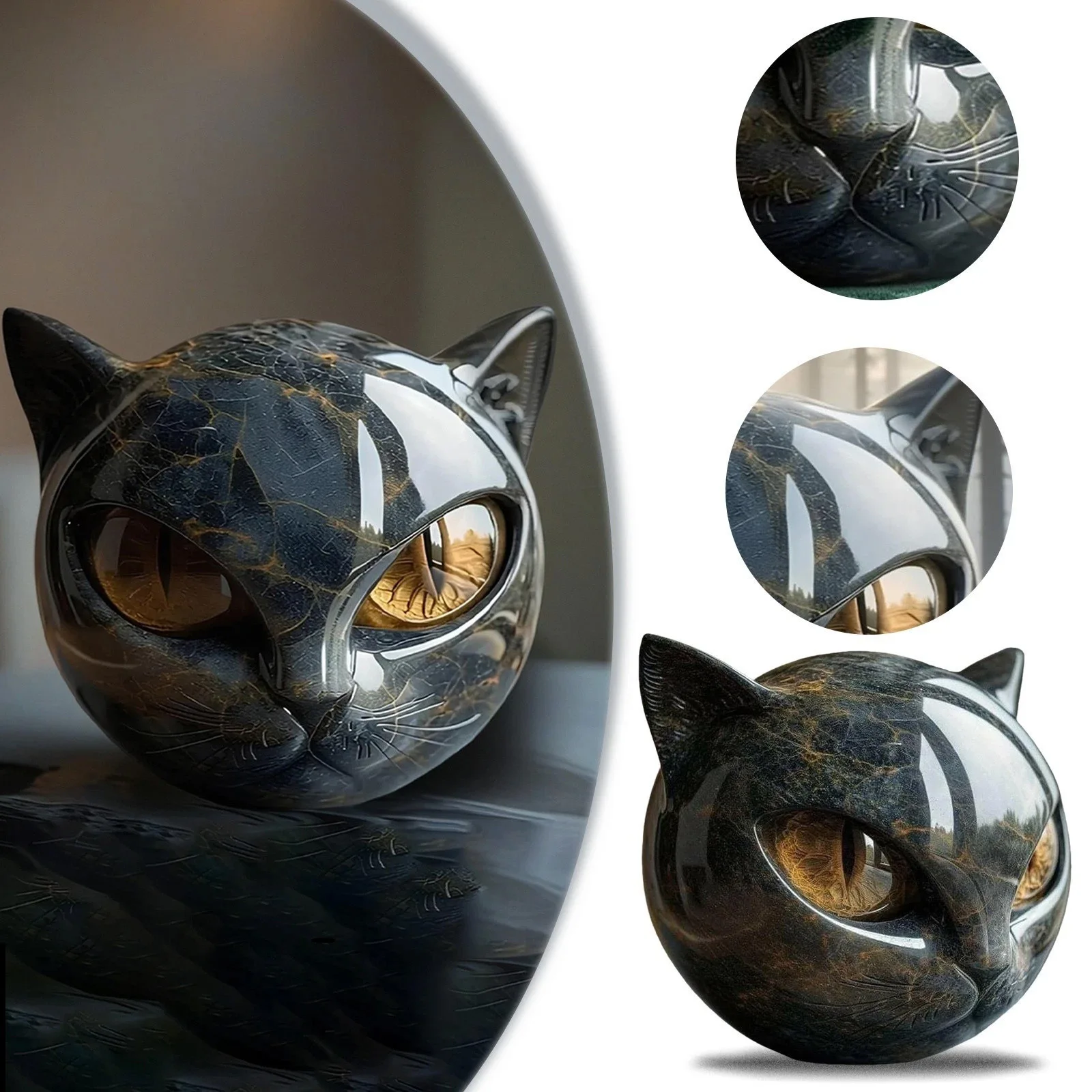 Decorative Black Cat Stone Figurine Resin Cat Head Healing Stone Marble Texture Cat Stone Keepsake Gift Office Desk Cats Decor view 3
