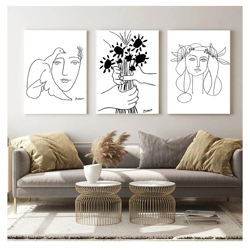 Art Prints Sketches Woman Bouquet of Peace Painting Poster Minimalist Wall Home Decor Picasso Line Drawing Canvas