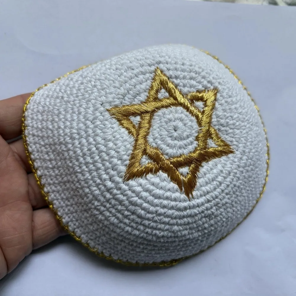 Round Shape Jewish Kippah for Men Breathable David Star Embroidery Knitted Ethnic Cap Skull Cap Retro Beanie Hat