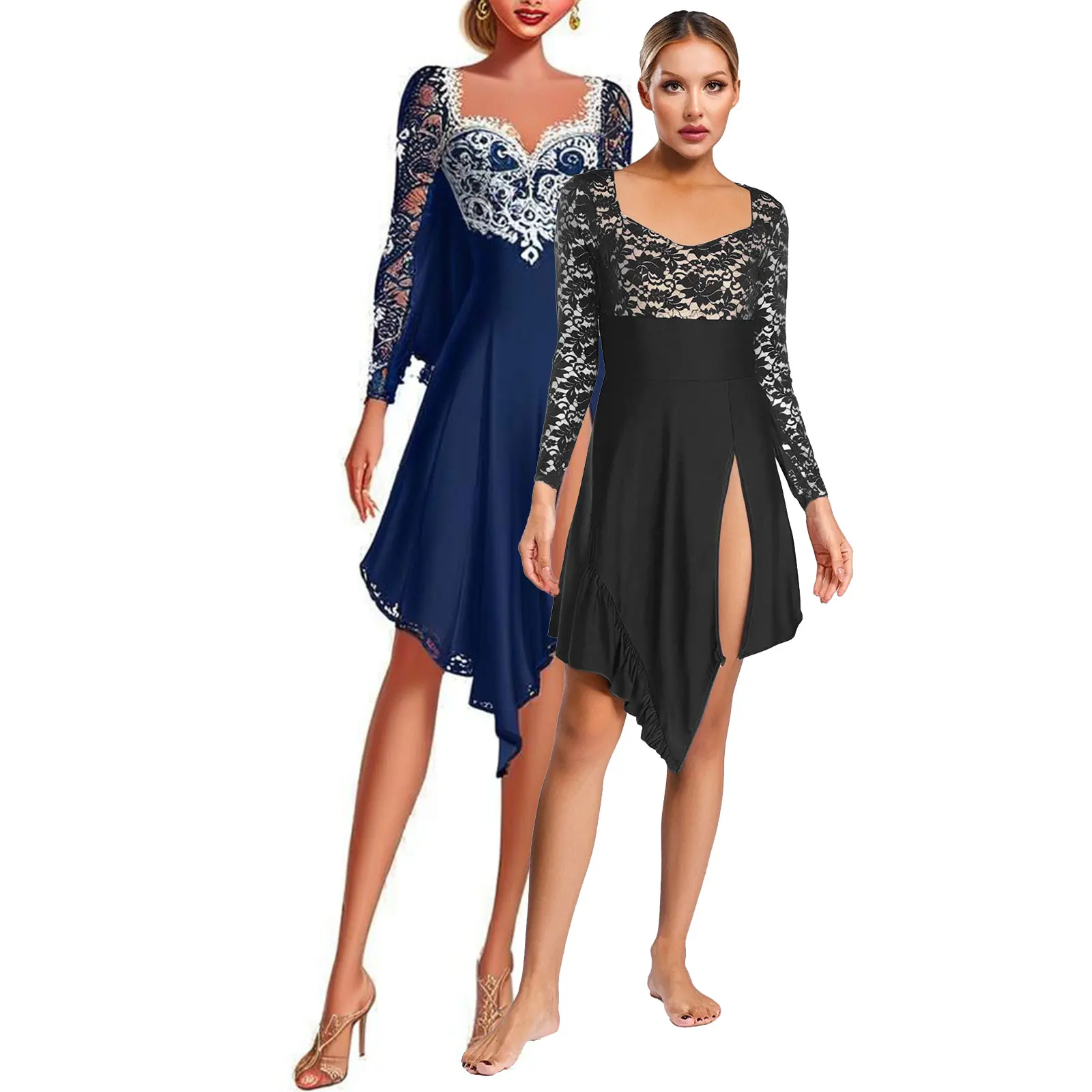 Women Floral Lace Lyrical Ballet Dance Dress Long Sleeve Irregular Ruffled Modern Tango Ballroom Samba Rumba Dancewear Costumes