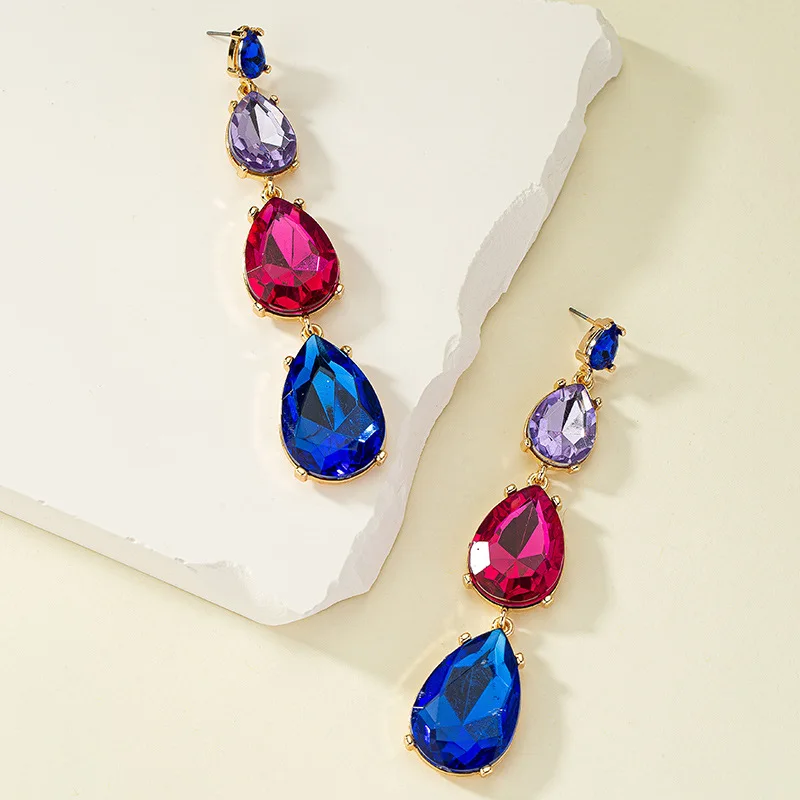 Luxury Water Drop Shiny Fuchsia Blue Crystal Dangle Earrings Women Party Jewelry