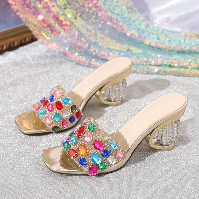 Liyke 2026 New Fashion Mixed Color Gem Diamonds Women Strange Transparent Heels Slipper Summer Sandal Sexy Square Toe Dress Shoe