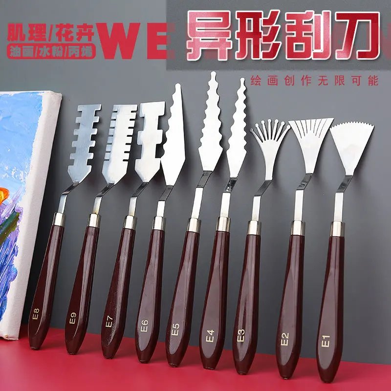 9pcs Oil Painting Knife Myotome Profiled Knife Wood+stainless Steel Acrylic Paint Scraper Serration Palette Knife