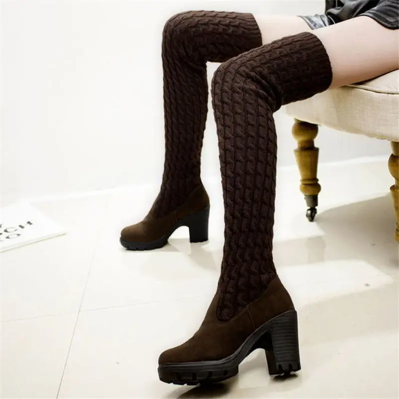 2021 Winter Warm Women Boots Ladies Knee High Shoes Thick Knitted High Heel Boots Round Top Women High Boots Big Size 35-40