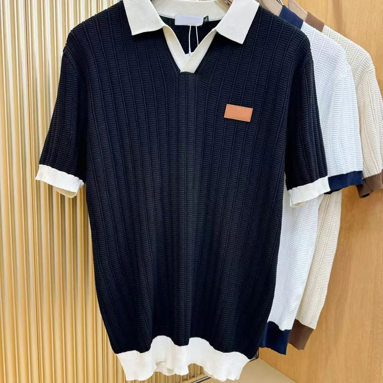 Italian bc old money style knitted short-sleeved chest leather men's lapel contrasting color buckle-free POLO shirt