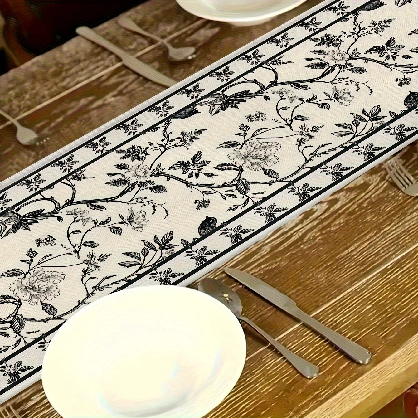 French Farmhouse Table Runner Black & White Floral Ink Design Seasonal & Holiday Decor for Dining Tables Rustic Home Decor