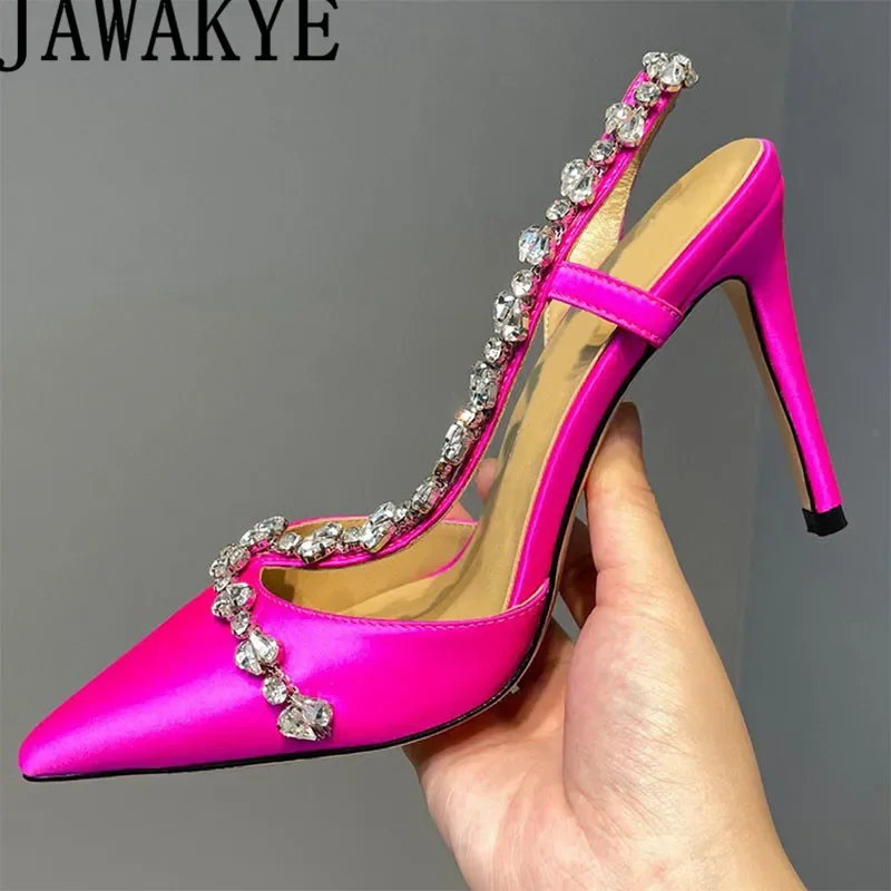 

Satin High Heel Shoes Women Pointy Toe Crystal Thin High Heel Pumps Summer Sexy Slingbacks Formal Dress Shoess Women