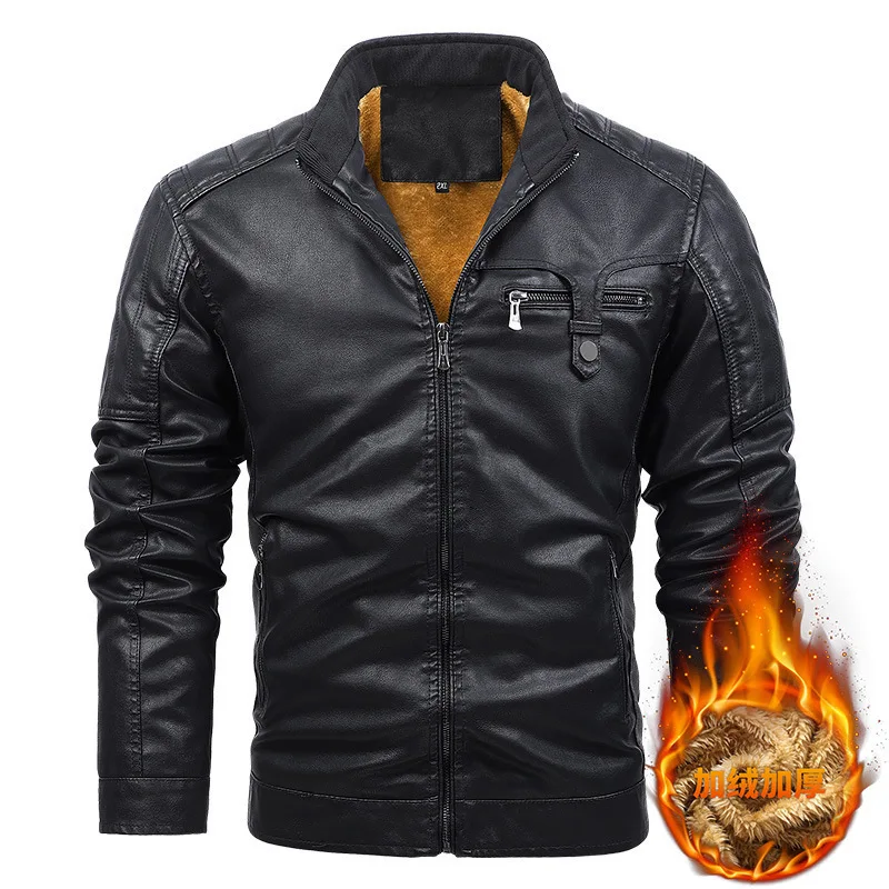 

Men's European plus Velvet Warm Casual Leather Jaet Loose Fit Multi ket ort Sle Zipper Closure Faionable Coat