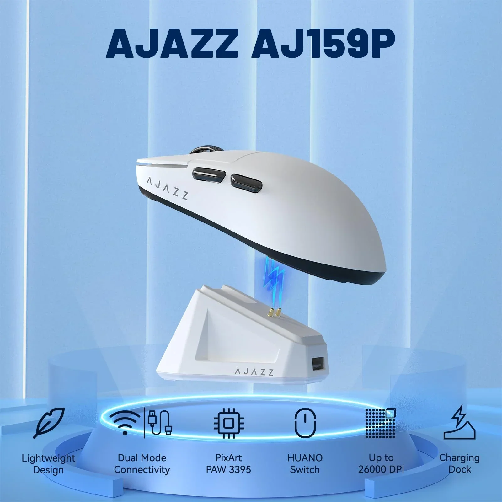 Ajazz AJ159P Gaming Mouse With Magnetic RGB Charging Dock 2.4G/BT/Wired Tri-Mode PAW3395 Sensor 26K DPI 56g Light Weight Mouse