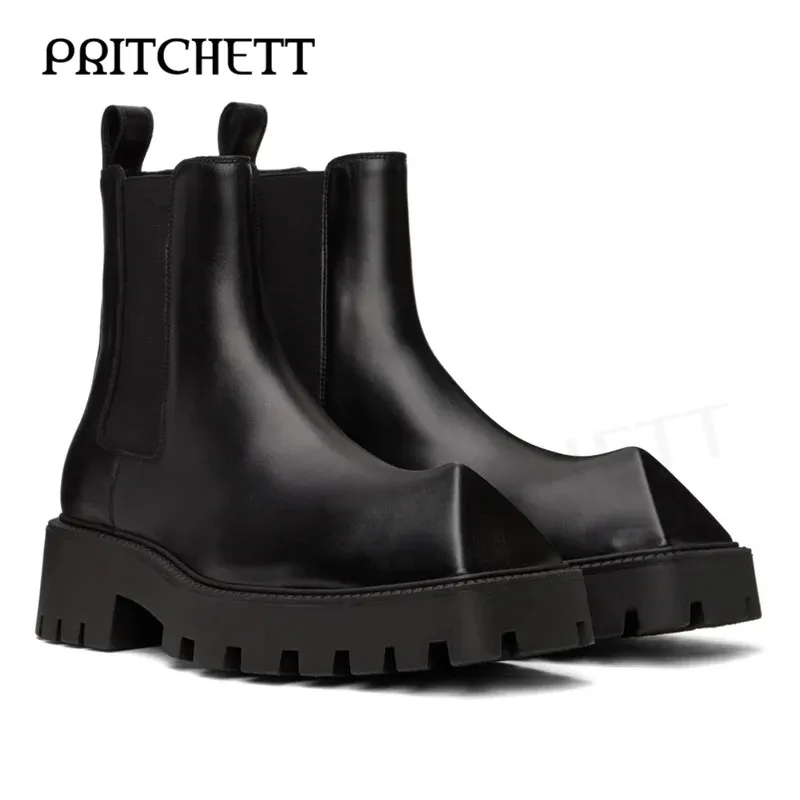 

Black Triangle Personality Short Boots Square Root Platform Elastic Boots Large Size Fashionable Personality Men's Shoes