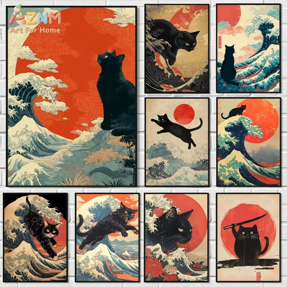 

1pc Japanese C-Cat in Ocean Waves Painting Calligraphy Pictures Room Home Bedroom Interior Wall Decoration Canvas Poster Art