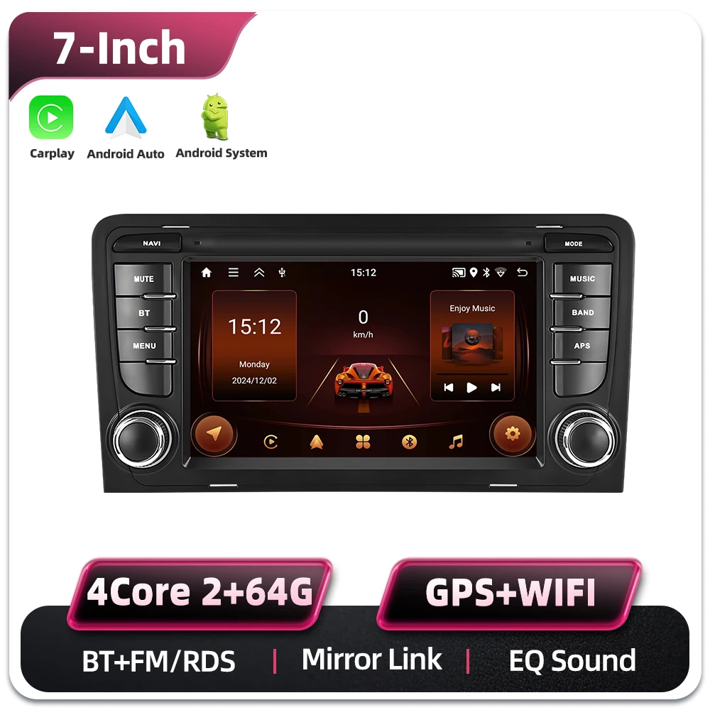 Podofo 7 Zoll 2 Din Autoradio Multimedia-Player für Audi A3 8P/A3 8P1 3-Türer Schrägheck/S3 8P/RS3 Sportback 6+128G HD Kapazitiver Touchscreen Kabelloses Carplay Android Auto Mirror Link
