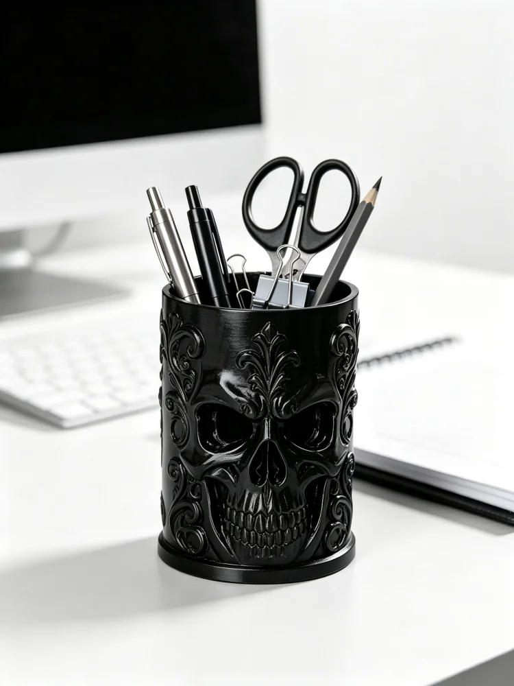 Punk Dark Style Skull Pen Holder with Gorgeous Relief Carving, Pure Black Petg Material, Sturdy Plastic Desktop Pen Organizer, Hollow-Out Design with Wide Stable Base, Desktop Storage for Office and Study, Makeup Brush Holder, Halloween Decorative Piece, Gothic Aesthetic Room Decor, Unique Desktop Accessory, Creative Gift