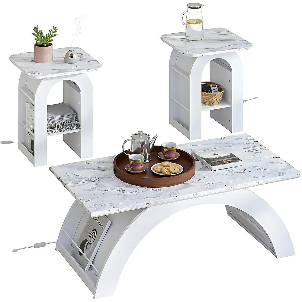 

3-Piece Marble LED Coffee Table Set with 2 End Tables, RGB Lighting, Scratch-Resistant for Living, Dining, Office Rooms