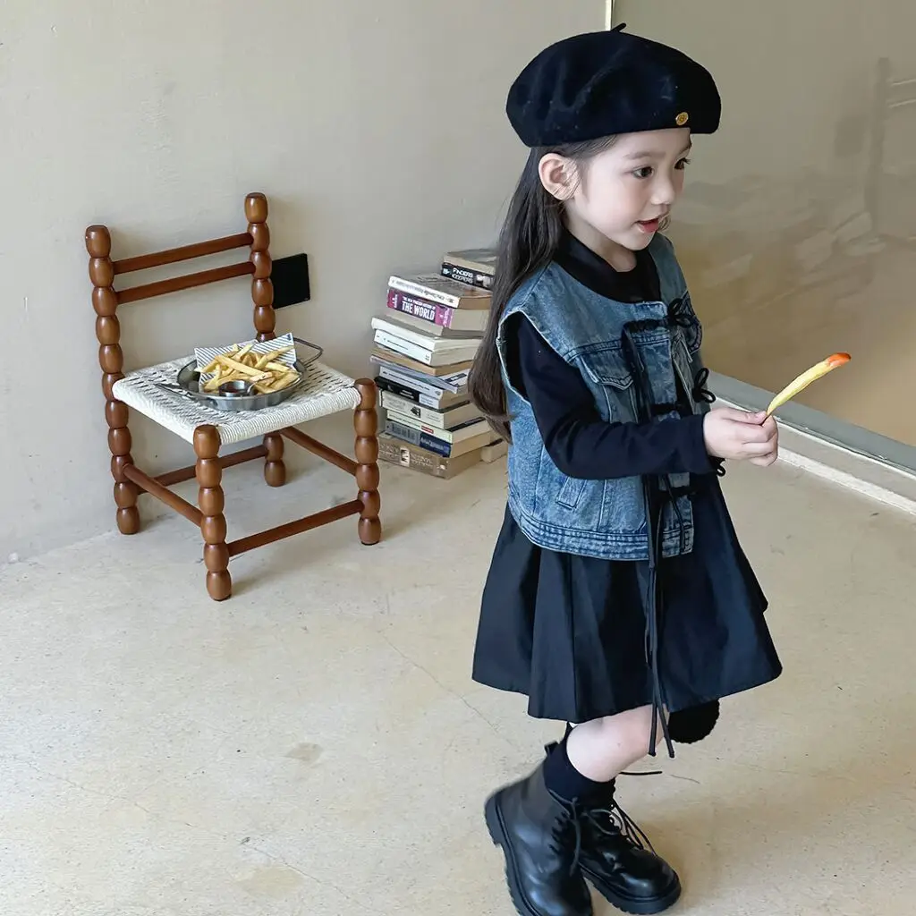 

Childrens Sets Girl Casual Dresses Baby Autumn New Korean Dress Cowboy Vest 2 Pieces Simple 2025 Loose Round Collar