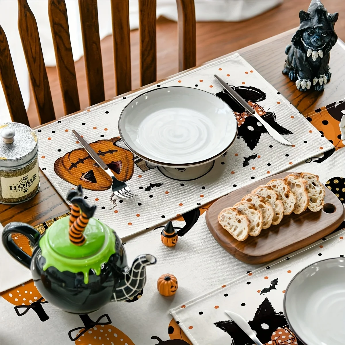 1 pc Pumpkin and Pattern Linen Placemats, Halloween Decor Table Mats for Dining Tables, Home Kitchen for Indoor/Outdoor Party